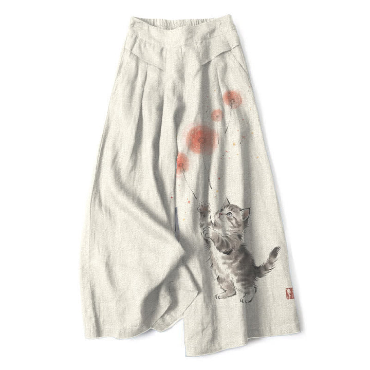 Buddha Stones Baumwoll-Leinen-Hose mit Aquarell-Katzen- und Blumenmuster, elastischem Bund, weitem Bein und Taschen - Elfenbein - US16, UK/AU20, EU48 (3XL) - image 0
