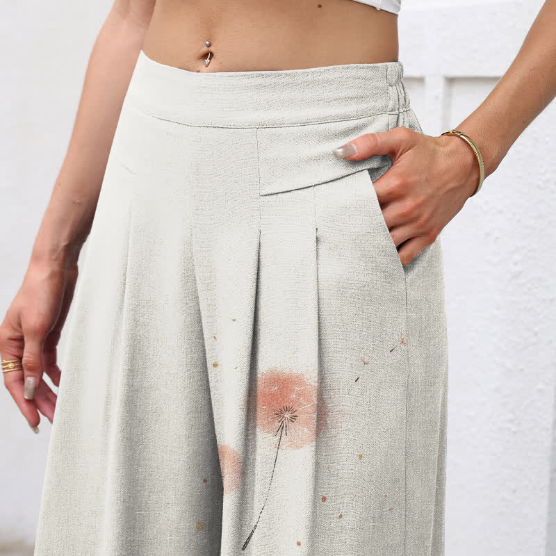 Buddha Stones Baumwoll-Leinen-Hose mit Aquarell-Katzen- und Blumenmuster, elastischem Bund, weitem Bein und Taschen - image 2