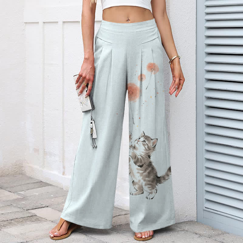 Buddha Stones Baumwoll-Leinen-Hose mit Aquarell-Katzen- und Blumenmuster, elastischem Bund, weitem Bein und Taschen - image 6