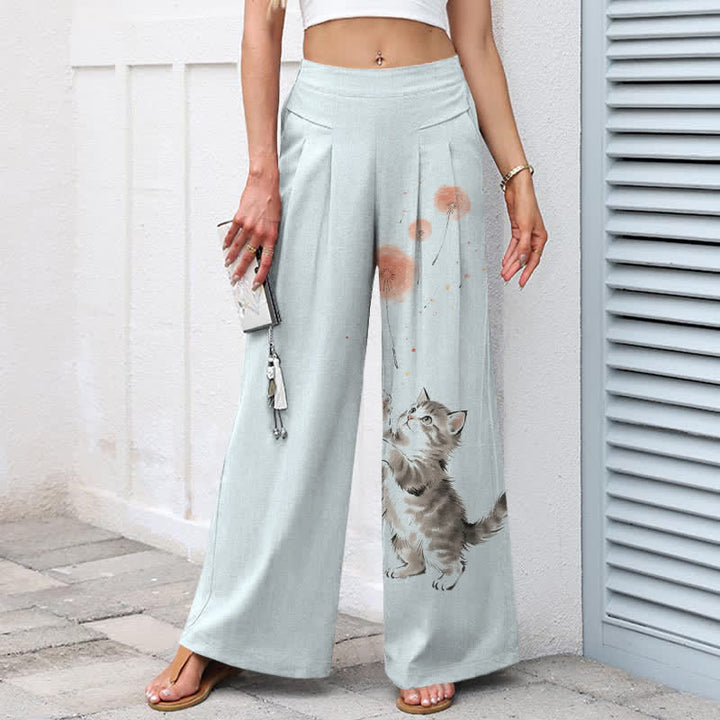 Buddha Stones Baumwoll-Leinen-Hose mit Aquarell-Katzen- und Blumenmuster, elastischem Bund, weitem Bein und Taschen - image 6