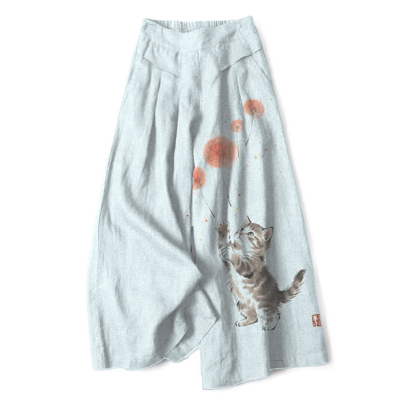 Buddha Stones Baumwoll-Leinen-Hose mit Aquarell-Katzen- und Blumenmuster, elastischem Bund, weitem Bein und Taschen - AliceBlue - US16, UK/AU20, EU48 (3XL) - image 5