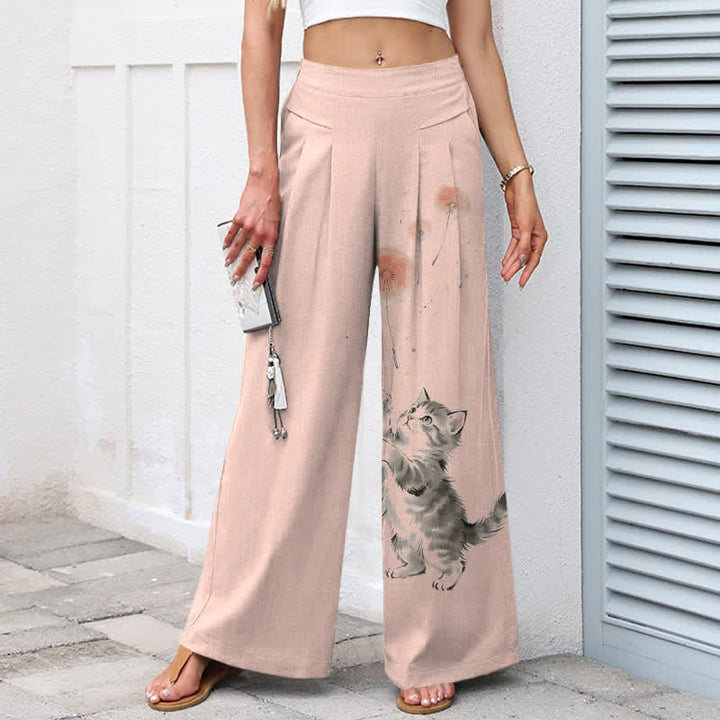 Buddha Stones Baumwoll-Leinen-Hose mit Aquarell-Katzen- und Blumenmuster, elastischem Bund, weitem Bein und Taschen - image 8
