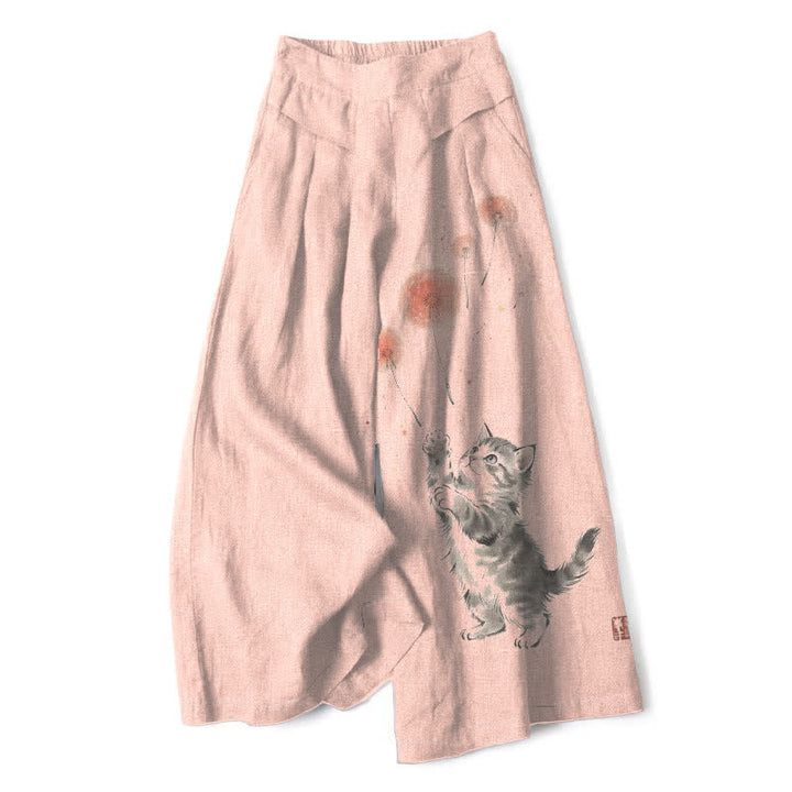 Buddha Stones Baumwoll-Leinen-Hose mit Aquarell-Katzen- und Blumenmuster, elastischem Bund, weitem Bein und Taschen - Pfirsichpuff - US16, UK/AU20, EU48 (3XL) - image 7