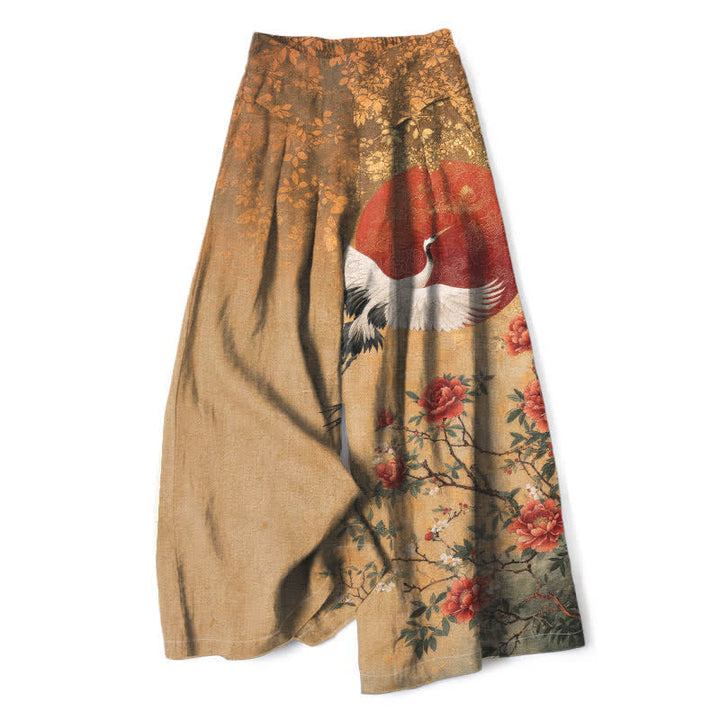 Buddha Stones Baumwoll-Leinen-Hose mit Kranich- und Blumenmuster, elastischem Bund, weitem Bein und Taschen - Bräunen - US16, UK/AU20, EU48 (3XL) - image 0