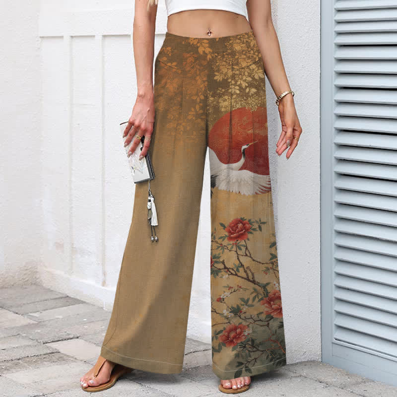 Buddha Stones Baumwoll-Leinen-Hose mit Kranich- und Blumenmuster, elastischem Bund, weitem Bein und Taschen - image 1