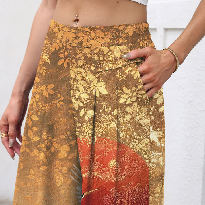 Buddha Stones Baumwoll-Leinen-Hose mit Kranich- und Blumenmuster, elastischem Bund, weitem Bein und Taschen - image 2