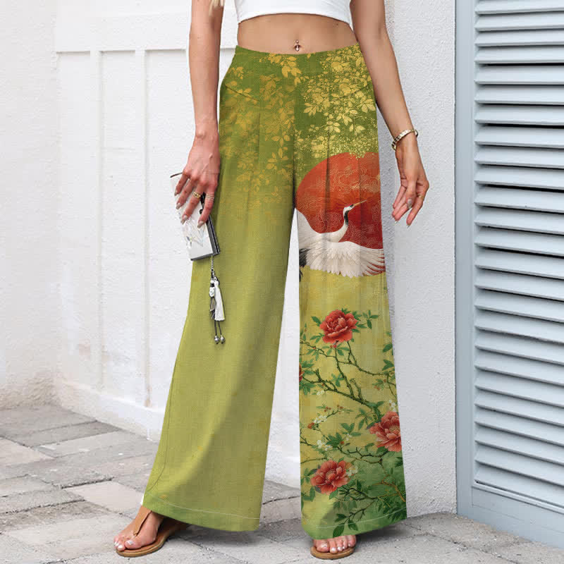 Buddha Stones Baumwoll-Leinen-Hose mit Kranich- und Blumenmuster, elastischem Bund, weitem Bein und Taschen - image 6