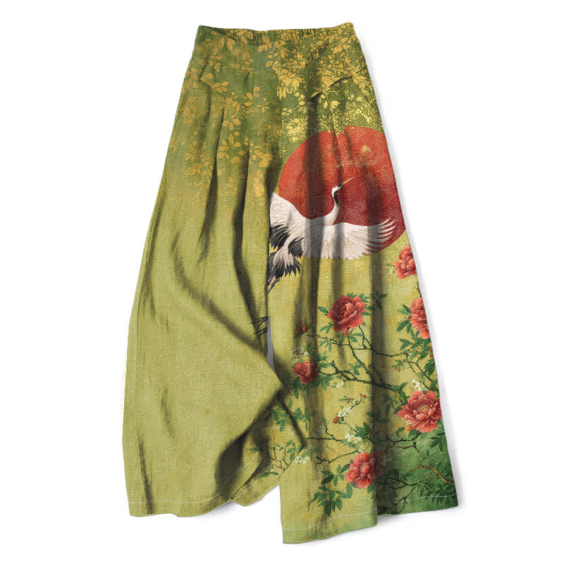 Buddha Stones Baumwoll-Leinen-Hose mit Kranich- und Blumenmuster, elastischem Bund, weitem Bein und Taschen - Gelbgrün - US16, UK/AU20, EU48 (3XL) - image 5