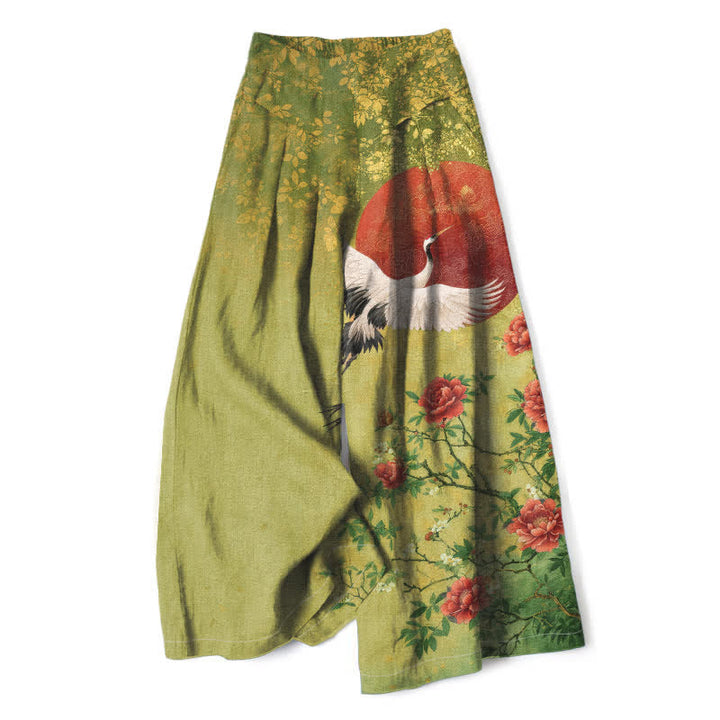 Buddha Stones Baumwoll-Leinen-Hose mit Kranich- und Blumenmuster, elastischem Bund, weitem Bein und Taschen - Gelbgrün - US16, UK/AU20, EU48 (3XL) - image 5