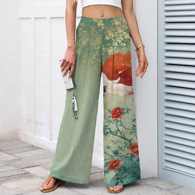 Buddha Stones Baumwoll-Leinen-Hose mit Kranich- und Blumenmuster, elastischem Bund, weitem Bein und Taschen - image 8