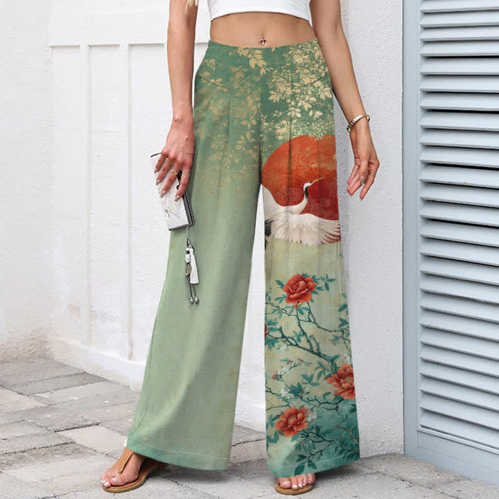 Buddha Stones Baumwoll-Leinen-Hose mit Kranich- und Blumenmuster, elastischem Bund, weitem Bein und Taschen - image 8