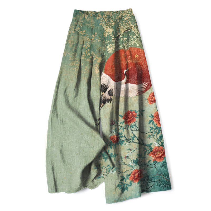 Buddha Stones Baumwoll-Leinen-Hose mit Kranich- und Blumenmuster, elastischem Bund, weitem Bein und Taschen - Dunkelseegrün - US16, UK/AU20, EU48 (3XL) - image 7