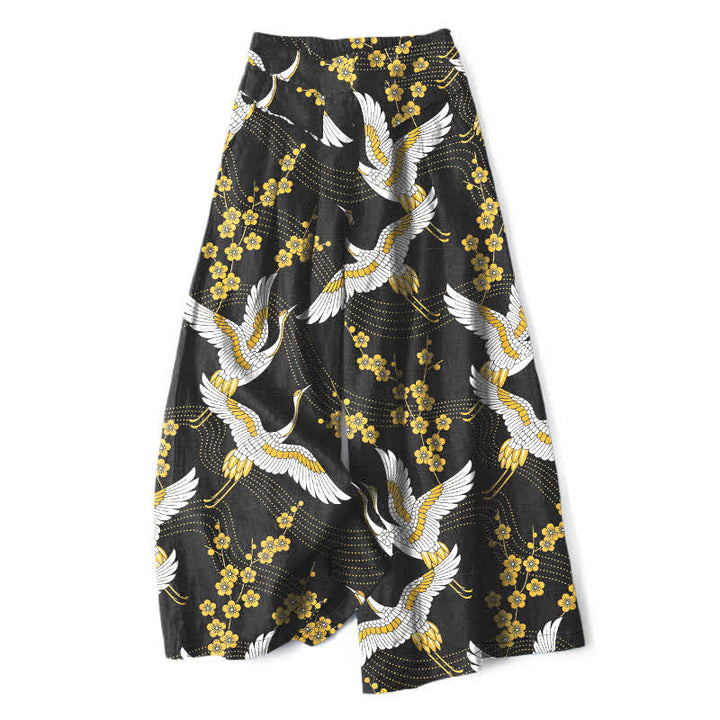 Buddha Stones Baumwoll-Leinen-Hose mit Kranichblütenmuster, elastischem Bund, weitem Bein und Taschen - Schwarz - US16, UK/AU20, EU48 (3XL) - image 0