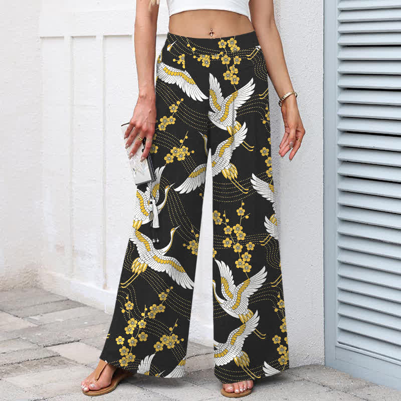 Buddha Stones Baumwoll-Leinen-Hose mit Kranichblütenmuster, elastischem Bund, weitem Bein und Taschen - image 1