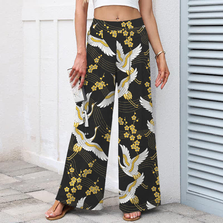 Buddha Stones Baumwoll-Leinen-Hose mit Kranichblütenmuster, elastischem Bund, weitem Bein und Taschen - image 1