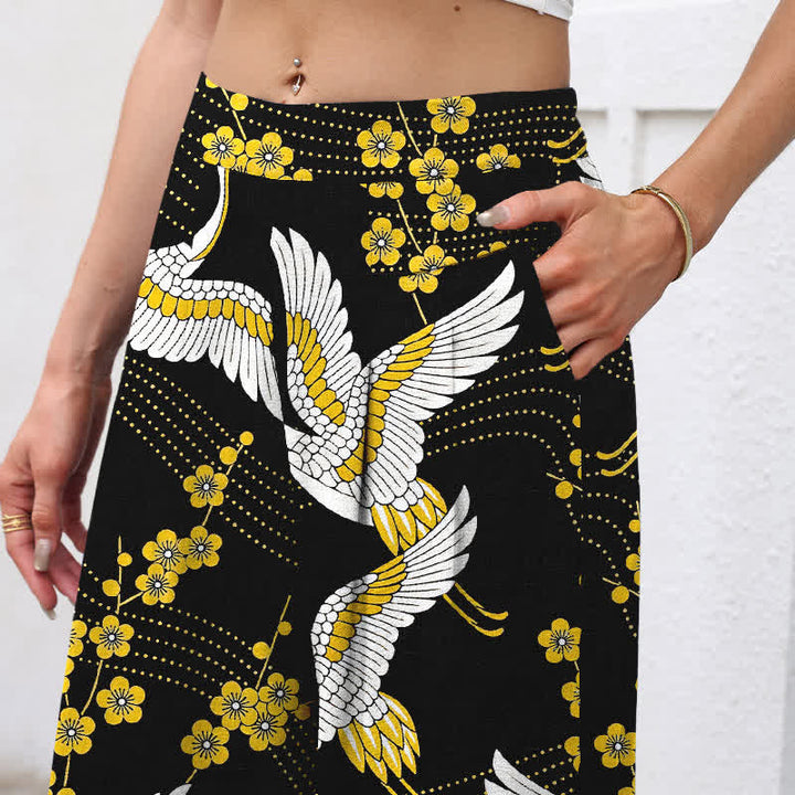Buddha Stones Baumwoll-Leinen-Hose mit Kranichblütenmuster, elastischem Bund, weitem Bein und Taschen - image 2