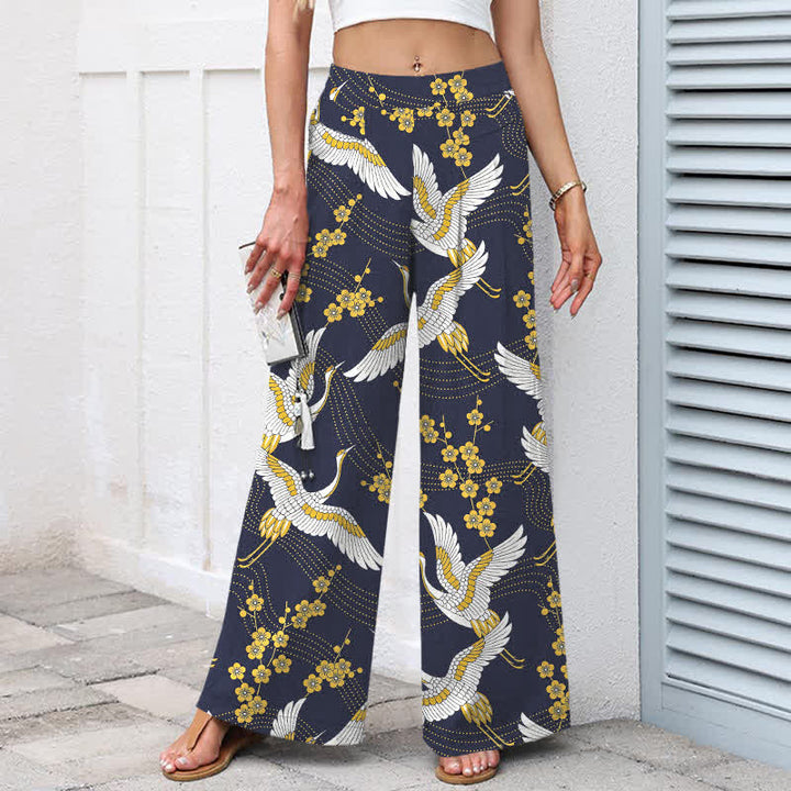 Buddha Stones Baumwoll-Leinen-Hose mit Kranichblütenmuster, elastischem Bund, weitem Bein und Taschen - image 6