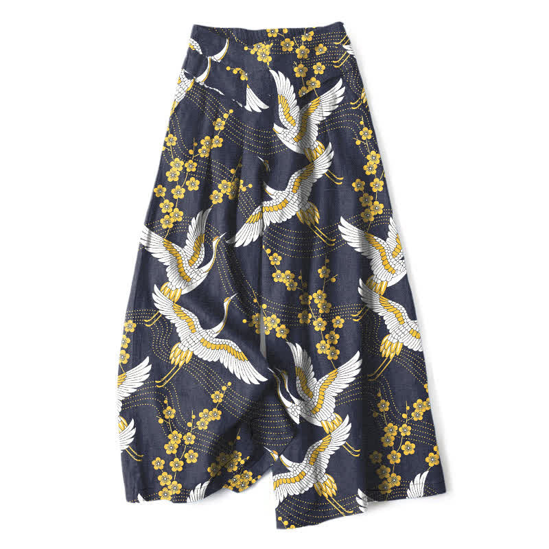 Buddha Stones Baumwoll-Leinen-Hose mit Kranichblütenmuster, elastischem Bund, weitem Bein und Taschen - Marine - US16, UK/AU20, EU48 (3XL) - image 5