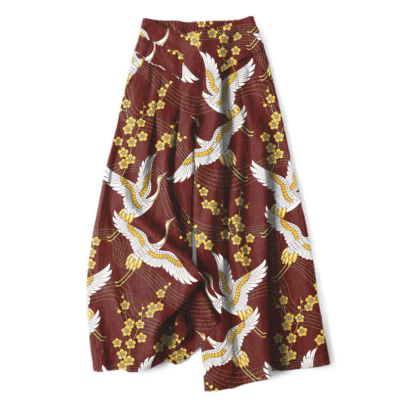 Buddha Stones Baumwoll-Leinen-Hose mit Kranichblütenmuster, elastischem Bund, weitem Bein und Taschen - Kastanienbraun - US16, UK/AU20, EU48 (3XL) - image 7