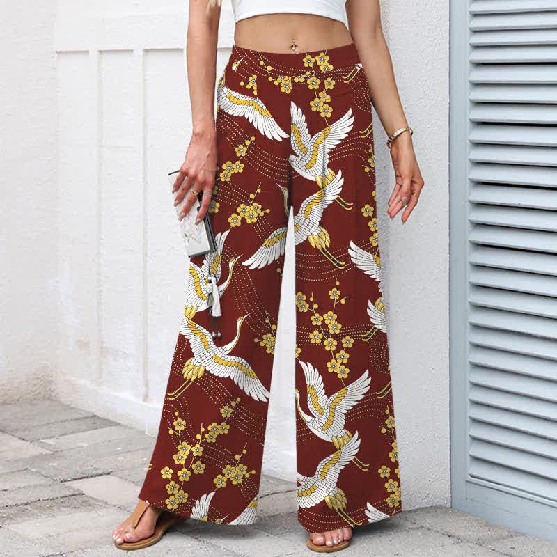 Buddha Stones Baumwoll-Leinen-Hose mit Kranichblütenmuster, elastischem Bund, weitem Bein und Taschen - image 8