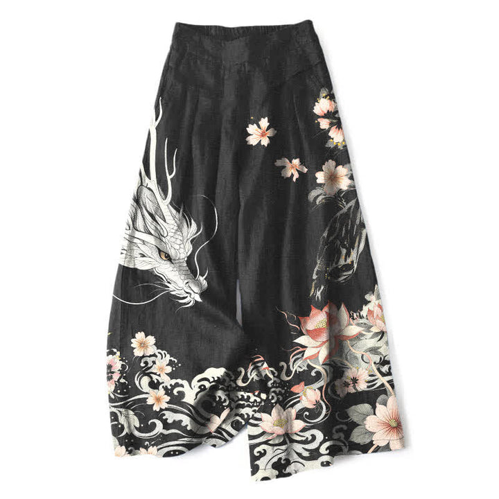 Buddha Stones Damenhose mit orientalischem Drachenmuster aus Baumwoll-Leinen-Mischgewebe, elastischem Bund, weitem Bein und Taschen - Schwarz - US16, UK/AU20, EU48 (3XL) - image 0