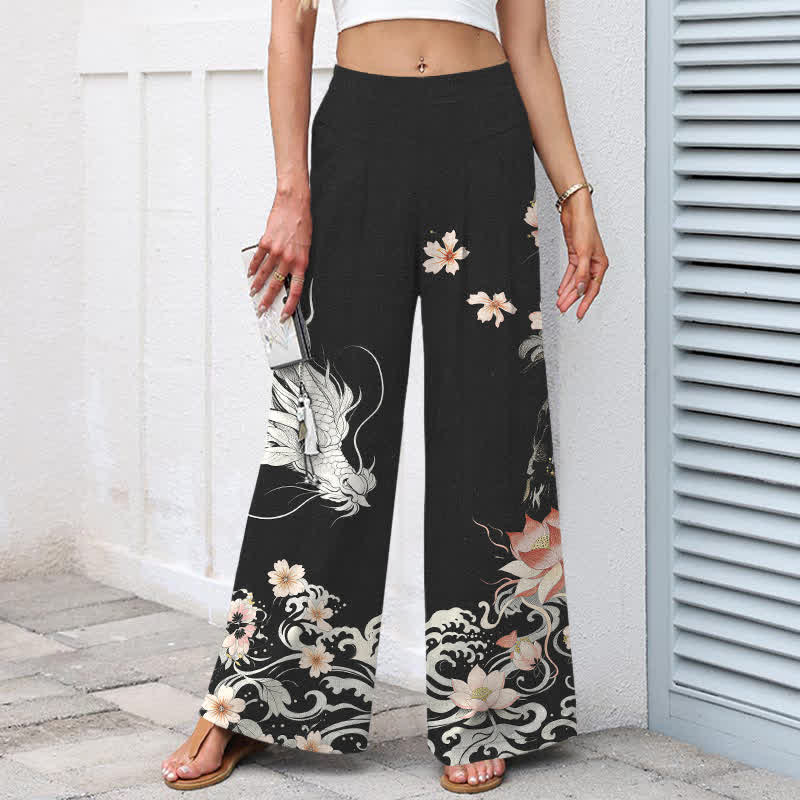 Buddha Stones Damenhose mit orientalischem Drachenmuster aus Baumwoll-Leinen-Mischgewebe, elastischem Bund, weitem Bein und Taschen - image 1