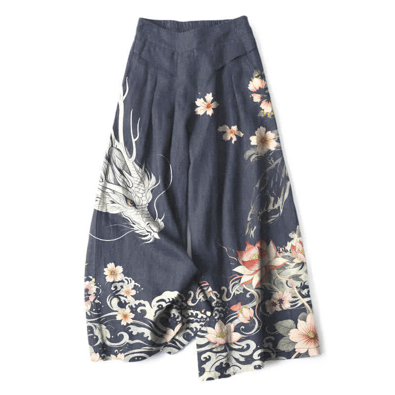 Buddha Stones Damenhose mit orientalischem Drachenmuster aus Baumwoll-Leinen-Mischgewebe, elastischem Bund, weitem Bein und Taschen - Marine - US16, UK/AU20, EU48 (3XL) - image 5