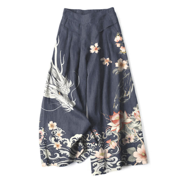 Buddha Stones Damenhose mit orientalischem Drachenmuster aus Baumwoll-Leinen-Mischgewebe, elastischem Bund, weitem Bein und Taschen - Marine - US16, UK/AU20, EU48 (3XL) - image 5