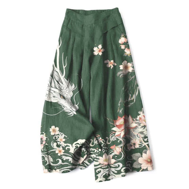 Buddha Stones Damenhose mit orientalischem Drachenmuster aus Baumwoll-Leinen-Mischgewebe, elastischem Bund, weitem Bein und Taschen - Waldgrün - US16, UK/AU20, EU48 (3XL) - image 7