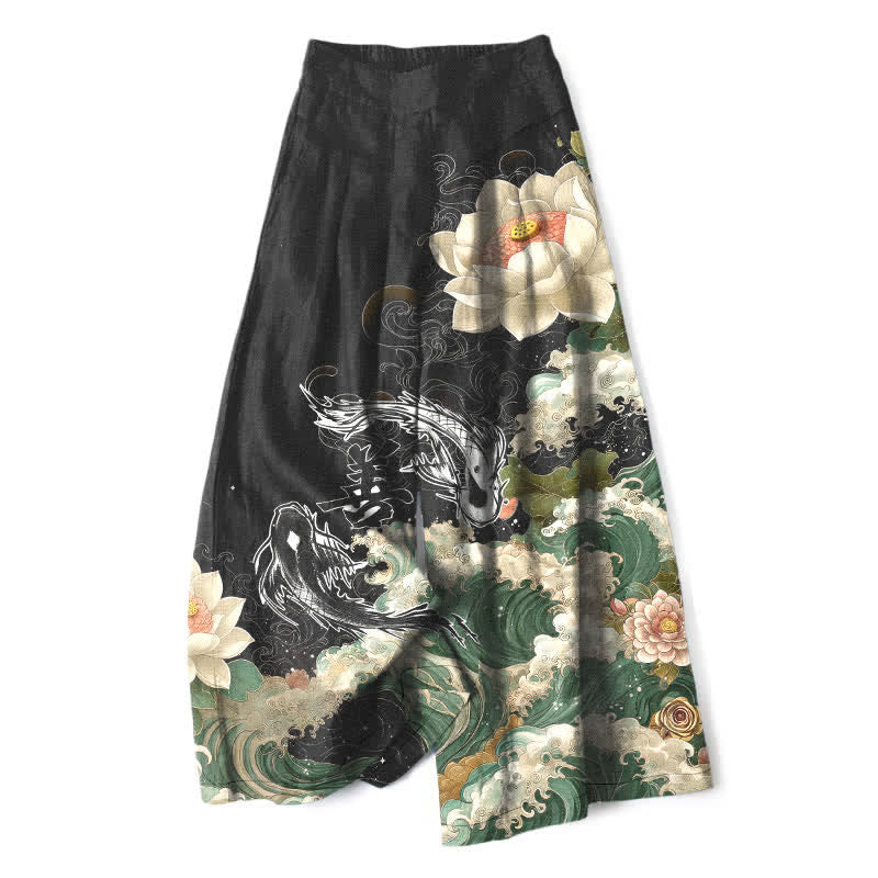 Buddha Stones Damenhose mit weitem Bein, elastischem Bund und Taschen, aus Baumwoll-Leinen-Mischgewebe mit Lotus-Koi-Wellenmuster - Schwarz - US16, UK/AU20, EU48 (3XL) - image 0
