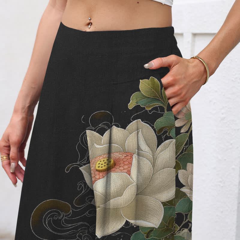 Buddha Stones Damenhose mit weitem Bein, elastischem Bund und Taschen, aus Baumwoll-Leinen-Mischgewebe mit Lotus-Koi-Wellenmuster - image 2