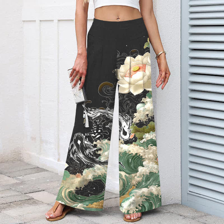 Buddha Stones Damenhose mit weitem Bein, elastischem Bund und Taschen, aus Baumwoll-Leinen-Mischgewebe mit Lotus-Koi-Wellenmuster - image 1