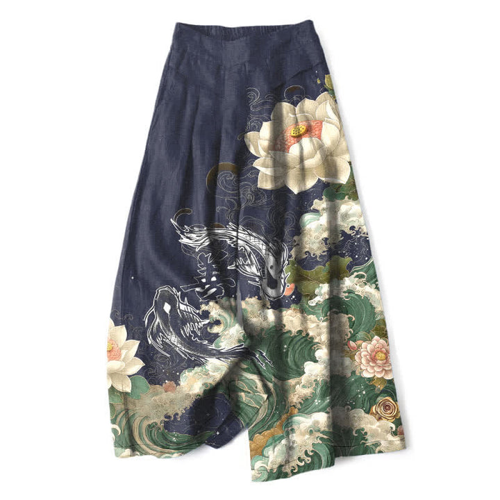 Buddha Stones Damenhose mit weitem Bein, elastischem Bund und Taschen, aus Baumwoll-Leinen-Mischgewebe mit Lotus-Koi-Wellenmuster - Marine - US16, UK/AU20, EU48 (3XL) - image 5