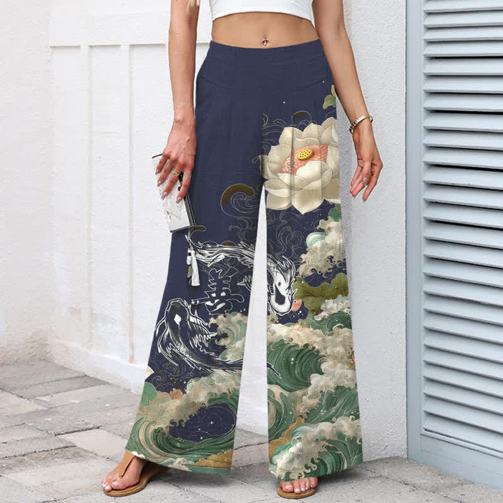 Buddha Stones Damenhose mit weitem Bein, elastischem Bund und Taschen, aus Baumwoll-Leinen-Mischgewebe mit Lotus-Koi-Wellenmuster - image 6