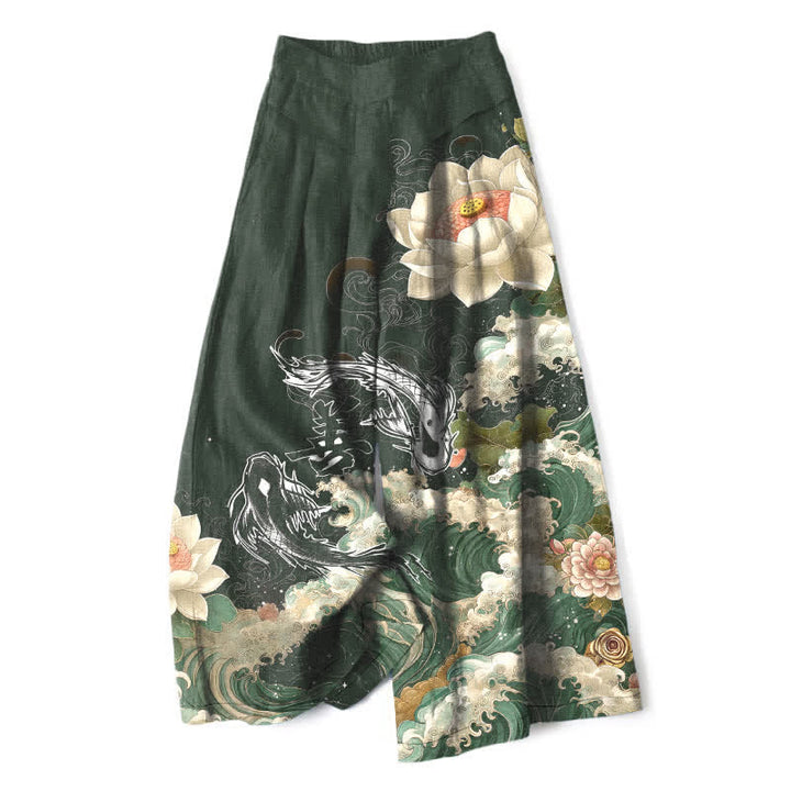 Buddha Stones Damenhose mit weitem Bein, elastischem Bund und Taschen, aus Baumwoll-Leinen-Mischgewebe mit Lotus-Koi-Wellenmuster - Dunkelgrün - US16, UK/AU20, EU48 (3XL) - image 7