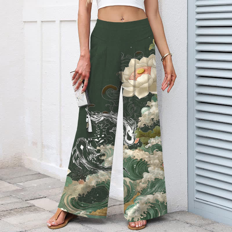 Buddha Stones Damenhose mit weitem Bein, elastischem Bund und Taschen, aus Baumwoll-Leinen-Mischgewebe mit Lotus-Koi-Wellenmuster - image 8