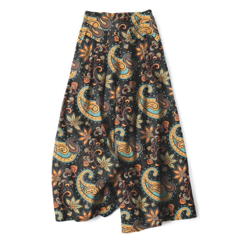 Buddha Stones Damenhose aus Baumwoll-Leinen-Mischgewebe mit böhmischem Paisley-Blumenmuster, elastischem Bund, weitem Bein und Taschen - Schwarz - US16, UK/AU20, EU48 (3XL) - image 0