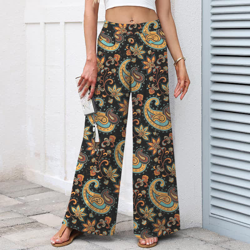 Buddha Stones Damenhose aus Baumwoll-Leinen-Mischgewebe mit böhmischem Paisley-Blumenmuster, elastischem Bund, weitem Bein und Taschen - image 1