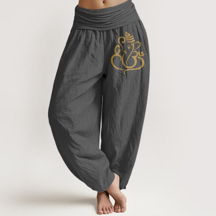 Buddha Stones Damen-Haremshose aus reiner Baumwolle mit goldenem Ganesha-Muster und elastischem Bund - DimGray - US16, UK/AU20, EU48 (3XL) - image 8