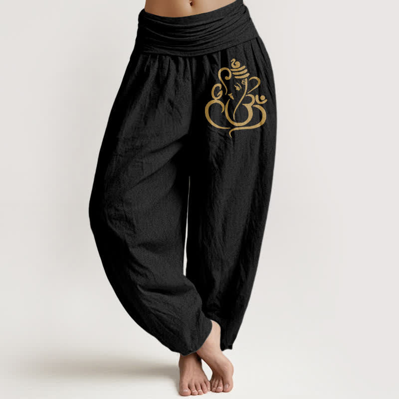 Buddha Stones Damen-Haremshose aus reiner Baumwolle mit goldenem Ganesha-Muster und elastischem Bund - Schwarz - US16, UK/AU20, EU48 (3XL) - image 0