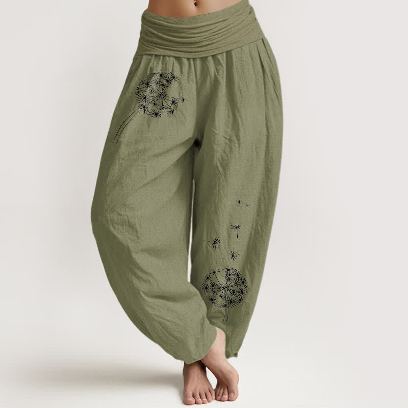 Buddha Stones Haremshose aus reiner Baumwolle mit Löwenzahnsamenmuster und elastischem Bund für Damen - Olivgrün - US16, UK/AU20, EU48 (3XL) - image 11