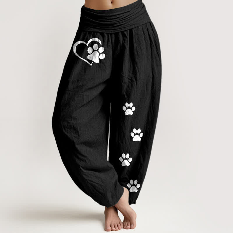Buddha Stones Damen-Haremshose aus reiner Baumwolle mit Herz- und Pfotenabdruckmuster und elastischem Bund - Schwarz - US16, UK/AU20, EU48 (3XL) - image 0