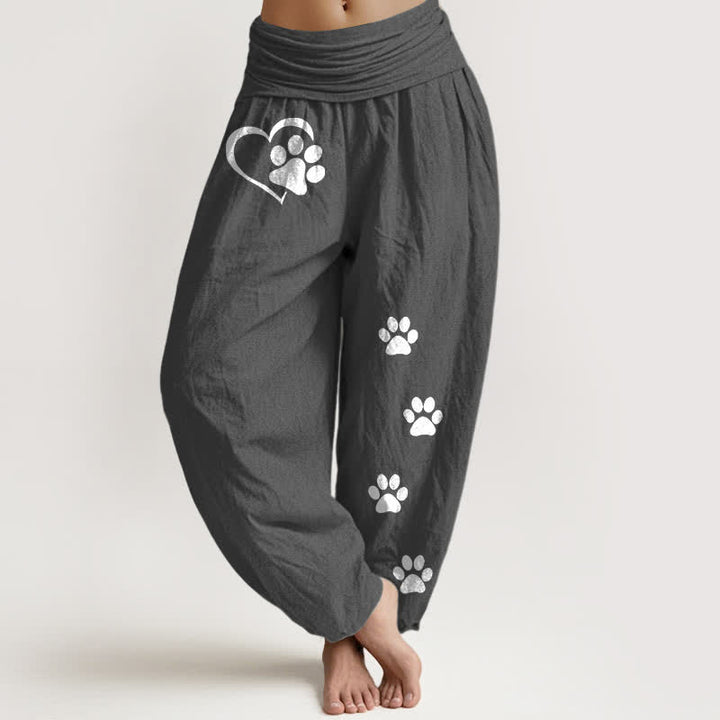 Buddha Stones Damen-Haremshose aus reiner Baumwolle mit Herz- und Pfotenabdruckmuster und elastischem Bund - DimGray - US16, UK/AU20, EU48 (3XL) - image 8