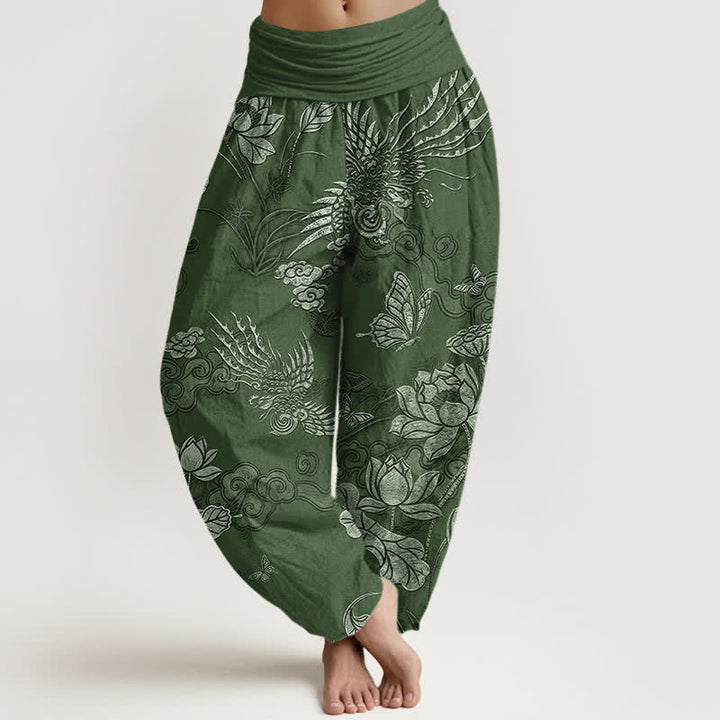 Buddha Stones Haremshose aus Baumwolle mit Lotus-Vogel-Muster und elastischem Bund für Damen - Waldgrün - US16, UK/AU20, EU48 (3XL) - image 0