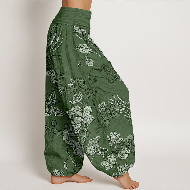 Buddha Stones Haremshose aus Baumwolle mit Lotus-Vogel-Muster und elastischem Bund für Damen - image 2