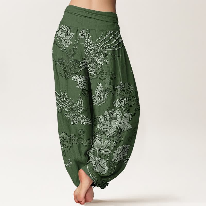 Buddha Stones Haremshose aus Baumwolle mit Lotus-Vogel-Muster und elastischem Bund für Damen - image 1