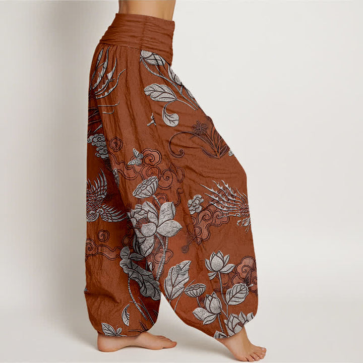 Buddha Stones Haremshose aus Baumwolle mit Lotus-Vogel-Muster und elastischem Bund für Damen - image 10