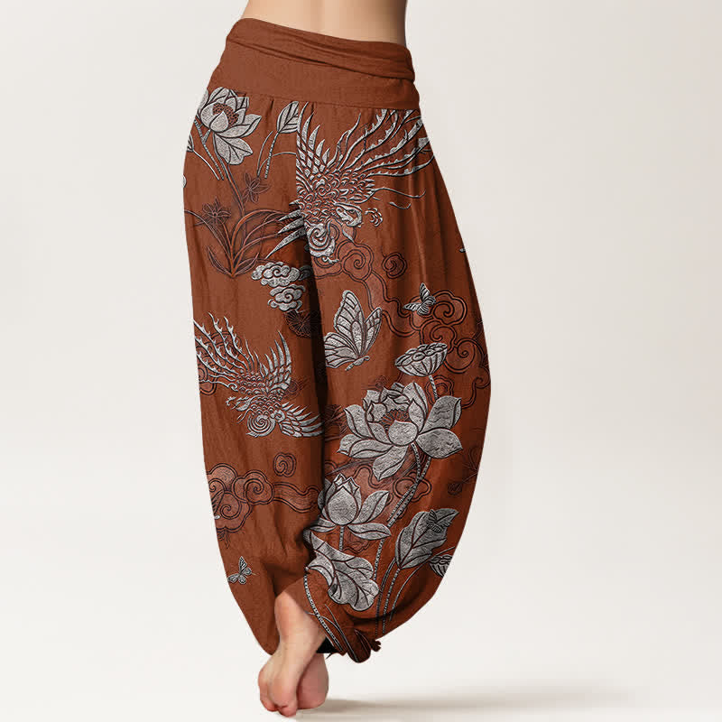 Buddha Stones Haremshose aus Baumwolle mit Lotus-Vogel-Muster und elastischem Bund für Damen - image 9