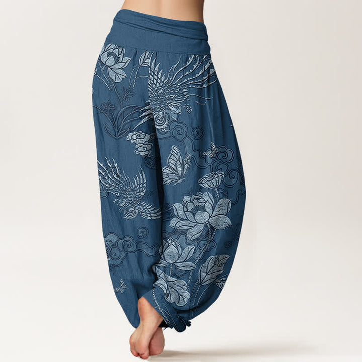 Buddha Stones Haremshose aus Baumwolle mit Lotus-Vogel-Muster und elastischem Bund für Damen - image 6