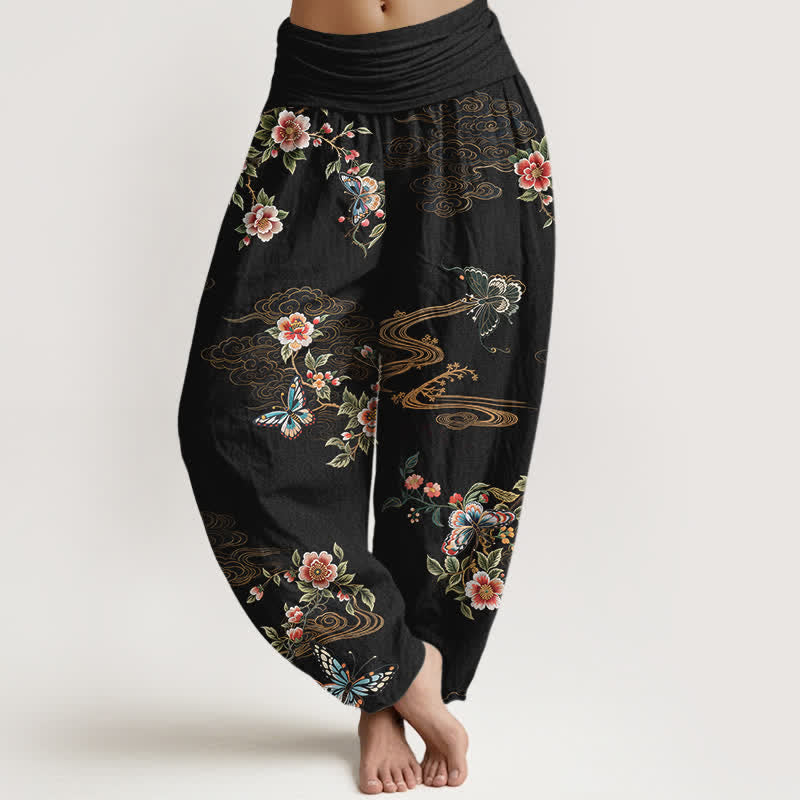 Buddha Stones Damen-Haremshose aus reiner Baumwolle mit floralem Schmetterlingsmuster und elastischem Bund - Schwarz - US16, UK/AU20, EU48 (3XL) - image 0